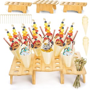 Soporte de madera para conos de helado con brochetas para exhibir postres, estante para servir en fiestas, color madera natural - Product Image 1