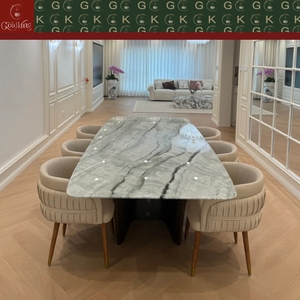 <span class=keywords><strong>โต๊ะ</strong></span>รับประทานอาหารทรงสี่เหลี่ยมหินอ่อนลายเส้นสีเทาเข้ม รุ่น GOLDKING หรูหรา สำหรับที่อยู่อาศัย ฐานโลหะรูปตัว H แบบคู่ รองรับการผลิตแบบ OEM ODM และสามารถขยายได้ - Product Image 3