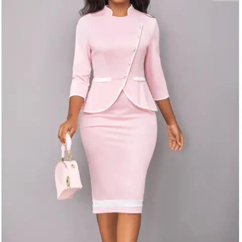 Casual Dress Print Women 2023 Contrast Binding Light Pink Stand Collar Dress