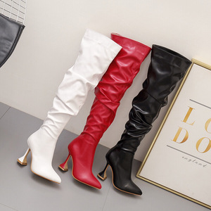 Bottes longues pour femme grande taille, style tube, talon chaton, au-dessus du genou, blanches, cuissardes - Product Image 1