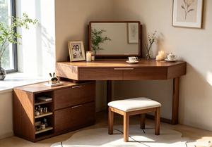 Solid Oak Makeup <b>Vanity</b> With Flip-Top <b>Mirror</b> And Storage Drawers For Bedroom Minimalist Design - Product Image 3