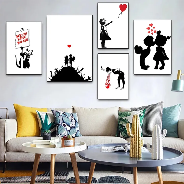 Banksy Graffiti Decoration Mural Abstract Black and White Poster Wall Art Prints Canvas Painting