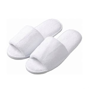 Chaussons d'hôtel jetables personnalisés 5 étoiles à bout ouvert en polaire corail blanche lavable, semelle EVA de luxe de 5 mm d'épaisseur pour chambre d'hôtes - Product Image 1
