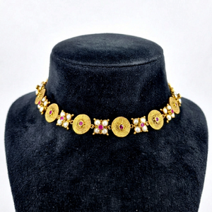 925 Sterling <b>Silver</b> 18K Gold Plated Antique Textured Disc <b>Choker</b> • Premium Ruby Pearl Floral Link Statement Necklace • Luxury Tr - Product Image 1