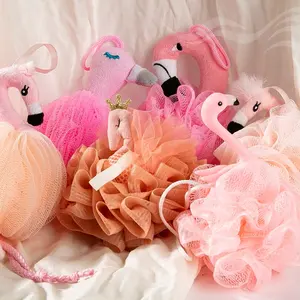 Assorted Flamingos-Themed Collection Material Safe Mesh Bath Sponge Loofah Bath Ball Pink Kid Bath Pouf Sponge W/ Cartoon Design