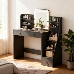 Bureau de maquillage moderne noir avec miroir LED et 5 étagères, 7 zones de rangement ouvertes et 3 tiroirs, éclairage réglable 3 couleurs - Product Image 1