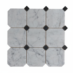 Gạch lát sàn mOSAIC đá cẩm thạch trắng Carrara hình bát giác, đánh bóng, mài nhẵn, có chấm đen tuyền, thiết kế hiện đại cho phòng ăn biệt thự.