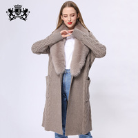 Janfourrure-pull tricoté à manches longues pour femme, cardigan demi-mètre, couleur or, col en vrai fourrure, automne et hiver