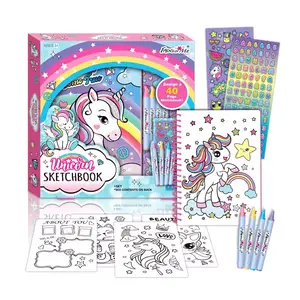 Set buku sketsa edukasi belajar Unicorn anak-anak mainan anak perempuan kustom Set buku tempel Kit alat tulis anak-anak