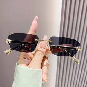 Frameless Polygonal <b>Sunglasses</b> Black Pc Lens Uv400 Unisex Retro Leopard Head Metal <b>Sunglasses</b> - Product Image 1