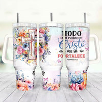 Venta al por mayor a granel: Vaso térmico de acero inoxidable con logo personalizado de Nuestra Señora Virgen de Guadalupe y Jesús, con asa y pajita.