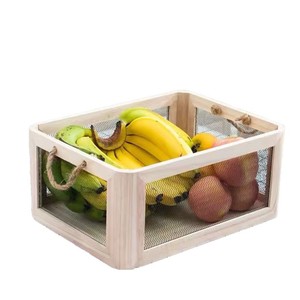 Retro Wooden <b>Storage</b> <b>Basket</b> With Wire Mesh Rectangle Shape For Toys Organizer Natural Wood Color Charcoal Grilled Color - Product Image 5