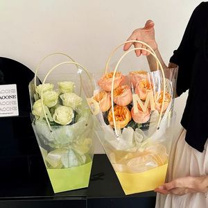 Sac à fleurs portable en plastique OPP transparent de luxe avec fond imprimé coloré pour fleurs, emballage de bouquet pour fleuristes - Product Image 2