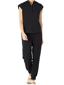 <b>Women</b> <b>Black</b> <b>Scrub</b> Set Cotton Polyester Woven Hospital Uniform Pants Sleeveless Top - Product Image 1