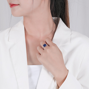 925 <b>Silver</b> <b>Emerald</b> Cut Sapphire <b>Ring</b> Claw Set Light Luxury Women's <b>Ring</b> - Product Image 3