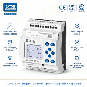 Unidad Base Eaton <span class=keywords><strong>EasyE4</strong></span> UC-12RC1 PLC 12 E/S 8DI 4RO con Reloj Universal 12/24V AC/DC, Controlador Lógico Programable para Riel DIN, CE - Product Image 1