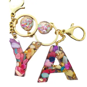 Women Bag Accessories Glass Star Ball Acrylic keychain, stone gold flake Resin Alphabet Letter Keychain keyring Metal Crafts