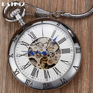 Luxury Sliver Mechanical Pocket Watch Skeleton Roman Numerals Dial Quality Engraved Case Fob Chain Clock for Men Dropshipping