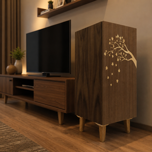 Armario de madera de estilo moderno de mediados de siglo con intrincados detalles de incrustaciones con motivos de árboles y tallados florales en madera escandinava maciza. - Product Image 4