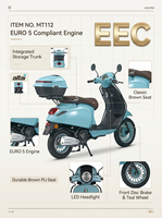 Scooter à essence 50cc EEC Euro 5, 4 temps, refroidissement par air, style rétro vintage, pour adultes, scooter à essence 49,5 ml avec coffre arrière MT112