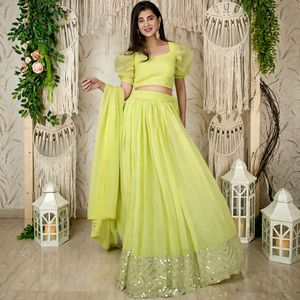 Lime Green Sequin Georgette Lehenga Choli <b>Set</b> Embroidered Two Piece Outfit Dupatta for Wedding Party Banquet - Product Image 1