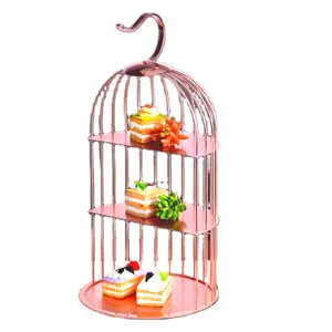 Hadi Chất Lượng Cao 3-Tier Rose Gold Bird Lồng Thép Không Gỉ Bánh Đứng Đám Cưới Món Tráng Miệng Kẹo Phục Vụ Treo Birdcage