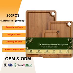 Juego de 3 tablas de cortar de <span class=keywords><strong>madera</strong></span> al por mayor, duraderas, de bambú carbonizado, con orificio para colgar y ranura para jugos - Product Image 1