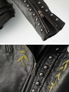 Giacche da donna in <span class=keywords><strong>ecopelle</strong></span> PU capispalla nuovo autunno inverno Lady Slim Fit cerniere ricamate floreali cappotto da moto <span class=keywords><strong>nero</strong></span> - Product Image 2