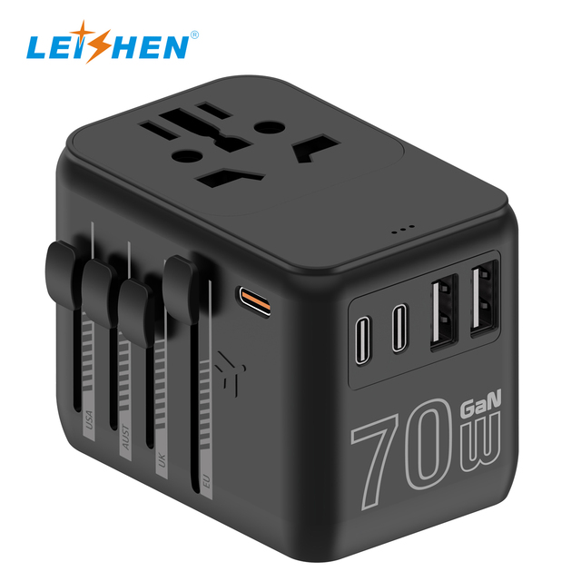 Leishen New Black / White Universal Multi Plug Socket USB-C Phone Power Adapter PD70W Fast Charger for AU EU USA UK UAE