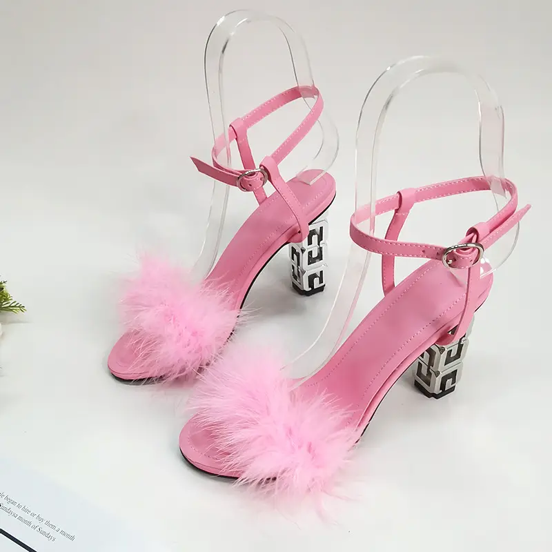 XINZI RAIN 2023 Custom Ladies Luxury Sandals High Quality Open Toe Mink Fur Block Heel Women Sandals