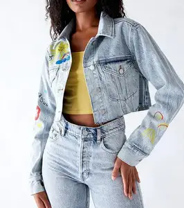 Jaket jins Crop harga pabrik untuk wanita Raw Hem jaket Denim warna-warni jaket Denim cetak kustom