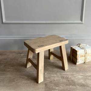 Taburete Pequeño de Madera Reciclada, Rústico, de Olmo Macizo, Reposapiés Bajo, Soporte para Plantas, Decoración Vintage de Estilo Rústico, Mesa Auxiliar - Product Image 4