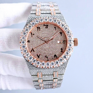 Montre VVS Moissanite Ronde en Acier Inoxydable Bicolore Or Rose, Résistante à l'Eau 10 ATM, avec Cadran en Verre et Sans Fermoir - Product Image 1