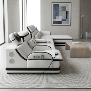Divano Modulare Moderno in Pelle Bianca <span class=keywords><strong>e</strong></span> Nera - Set Sezionale di Lusso per Soggiorno Minimalista con Arte Astratta - Product Image 4