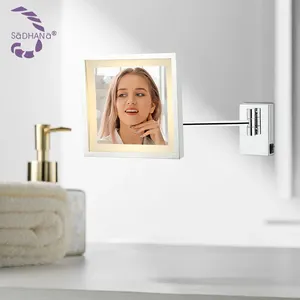 Модное зеркало для макияжа со светодиодной подсветкой, квадратное складное вращающееся одностороннее увеличительное зеркало для отеля, ванной комнаты, настенное навесное на туалетный столик