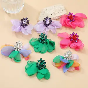 New Bohemian Colorful Fabric Flower Hoop Earrings for Women Exaggerated Statement Crystal rhinestone Dangle Earrings Jewelry