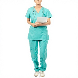 Ensemble de tenues médicales pour femmes, col en V, manches courtes, uniforme d'hôpital, tenue de travail d'infirmière en tissu avec poches, polyester/coton, détection d'aiguilles - Product Image 1