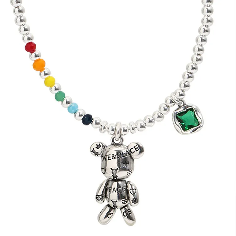 S925 argento Sterling perline colorate amore pace orso braccialetto e collana per le donne