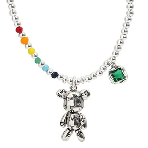 S925 Sterling Silver Colored Beads Love Peace Bear Bracelet and Necklace for women