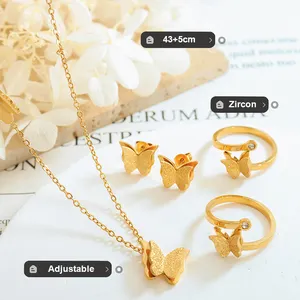 Set perhiasan berlapis emas 18K, Set cincin & kalung & anting kupu-kupu buram