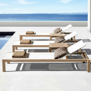 Chaise longue d'extérieur réglable en teck et maille respirante pour projet de piscine d'hôtel moderne - Product Image 1