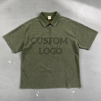 Polo en tricot gaufré teint à la cire 325G avec fermeture éclair, t-shirt vintage délavé et vieilli à manches courtes pour homme