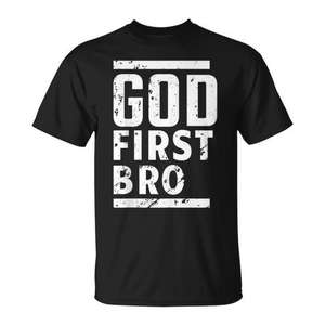 Camiseta promocional con la frase 'God First Bro' basada en la fe - Product Image 1