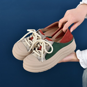 Chaussures basses tendance printemps 2025 pour femme, style rétro décontracté, à semelle épaisse/souple, en cuir de vachette colorblock, plateforme vert/kaki, talon moyen - Product Image 3