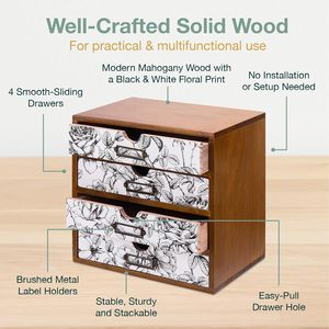 Organizador de Escritorio con 4 Cajones Florales en Blanco y Negro, Estante de Almacenamiento de Madera, Cajón <span class=keywords><strong>para</strong></span> Mesa, Caja Organizadora de Madera <span class=keywords><strong>para</strong></span> Escritorio - Product Image 3