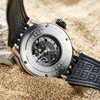 Reloj Deportivo de Diseño de Marca Superior OBLVLO para Hombre, Esfera de Esqueleto, Oro Rosa, Automático, de Cuerda Automática, Correa de Goma, Modelo LM