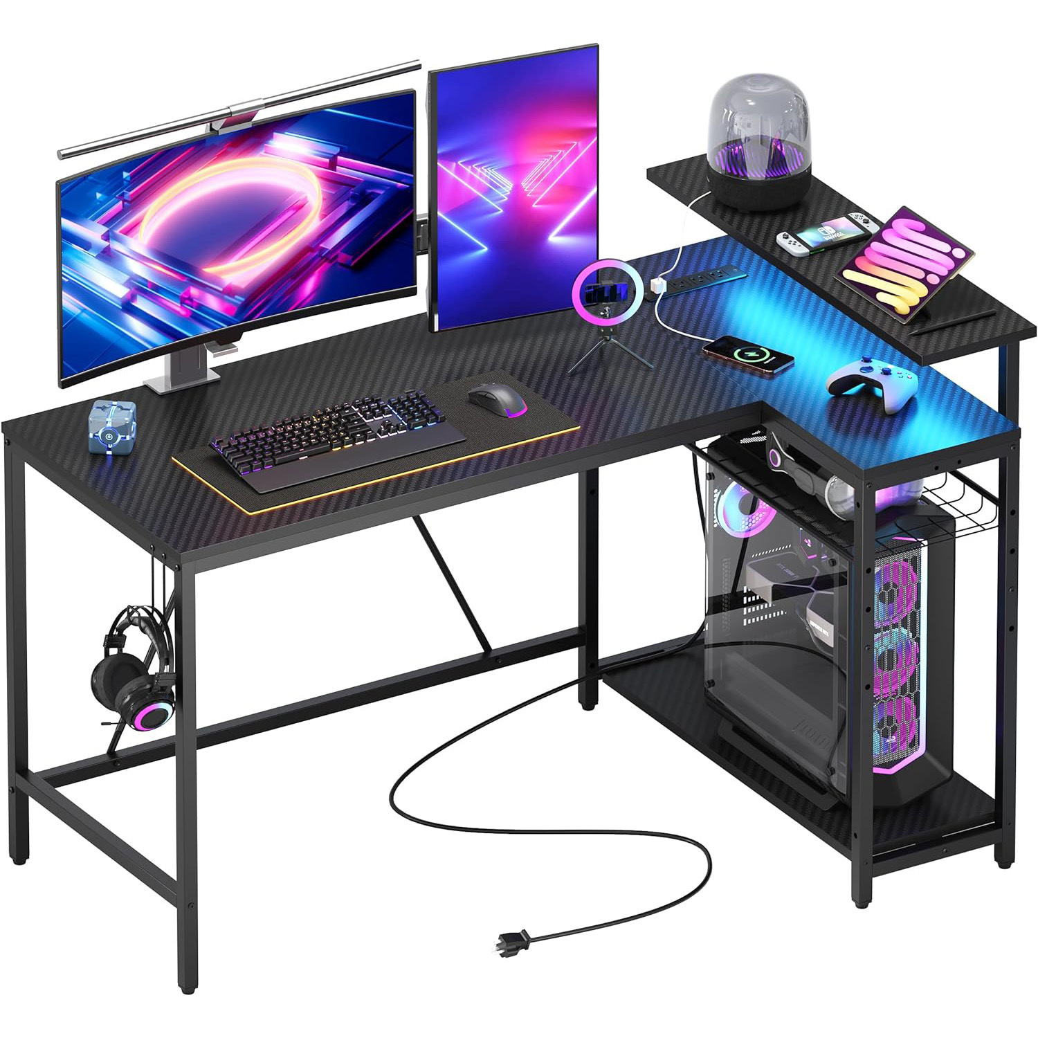 L-Shaped Corner Computer Desk with Bookshelf – Double Workstation Gaming &amp; Home Office Desk with Metal Frame and Wooden Top