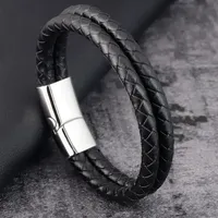 PVD Noir Fermoir Magnétique Double Couche Bracelet En Cuir Tressé Charms Bracelet En Cuir Véritable Main Bijoux Pour Hommes OT-098