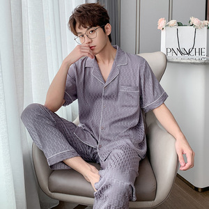 2022 été Nighty Designs hommes pyjamas glace soie à manches courtes tailleur-pantalon couleur unie Jacquard Pj ensemble revers grande taille vêtements de nuit - Product Image 4