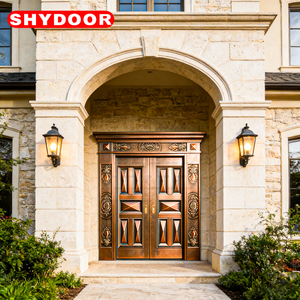 Porte de sécurité de luxe en cuivre avec cœur en acier inoxydable, double porte d'entrée principale pour villa, finition <span class=keywords><strong>acajou</strong></span> pour extérieur de manoir - Product Image 5